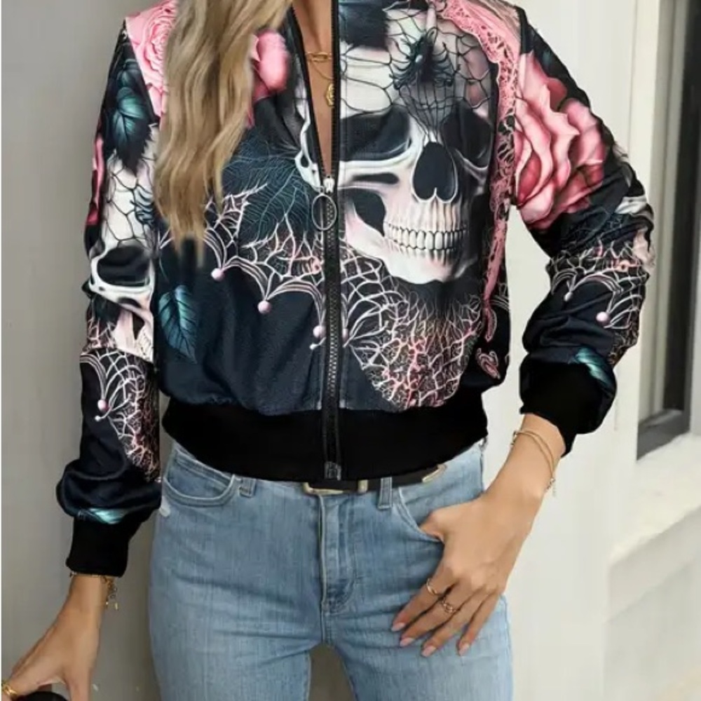 Black and Pink Skull Floral Bomber Jacket